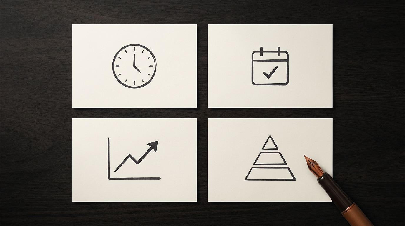 Four cream cards on a dark walnut desk, each hand-drawn with an icon: clock, calendar, growth chart, and pyramid — representing payback, exit window, growth efficiency, and commercial structure.