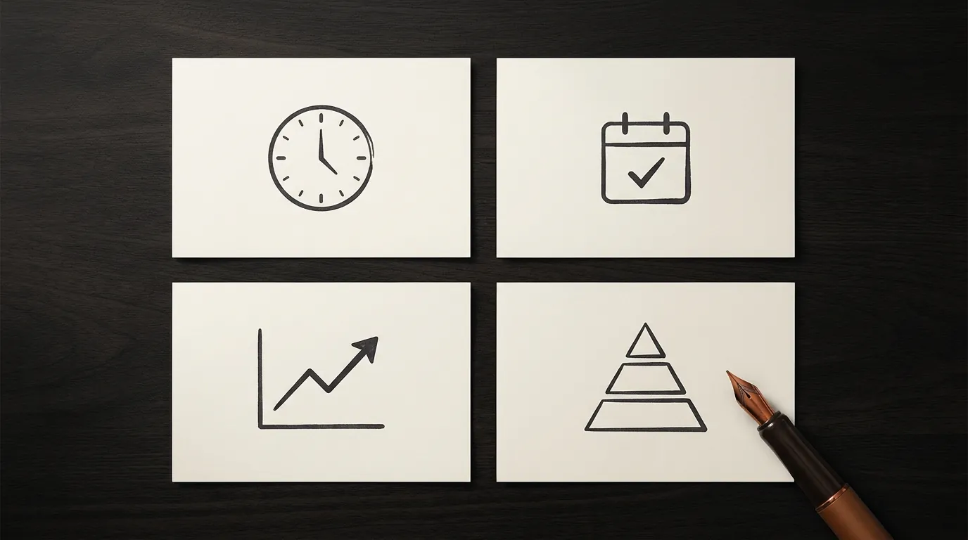 Four cream cards on a dark walnut desk, each hand-drawn with an icon: clock, calendar, growth chart, and pyramid — representing payback, exit window, growth efficiency, and commercial structure.