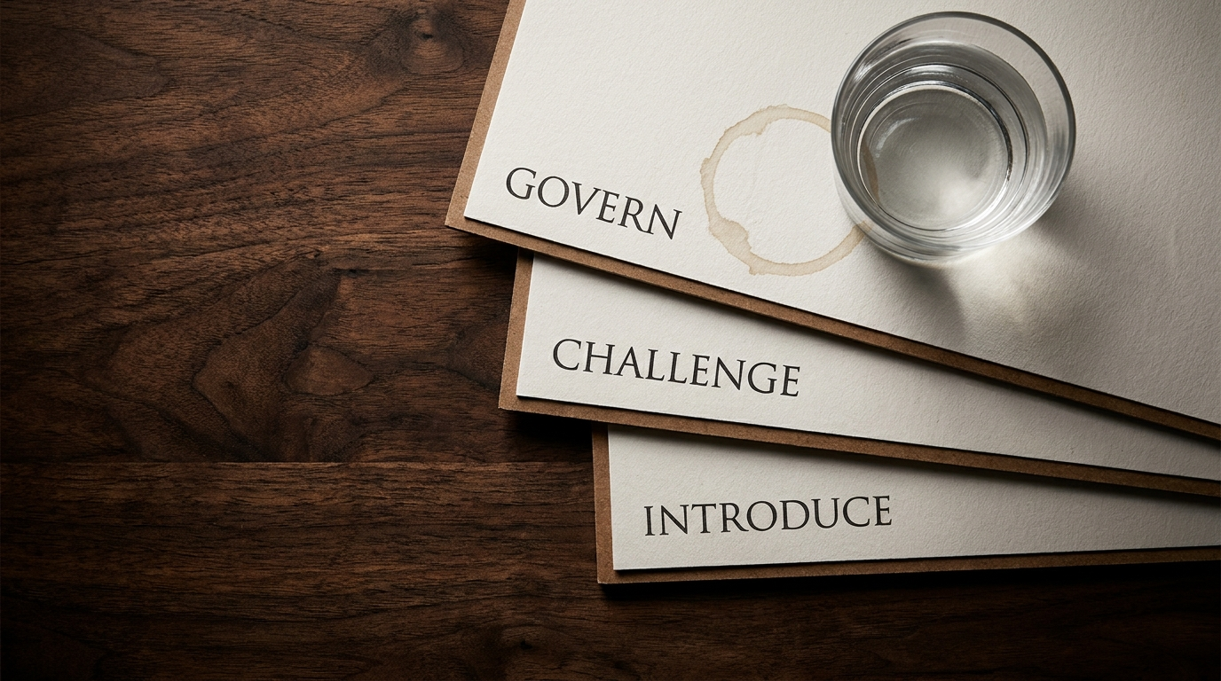 Three stacked board memos labelled Govern, Challenge and Introduce on a dark walnut desk, glass-stain ring on the top corner.