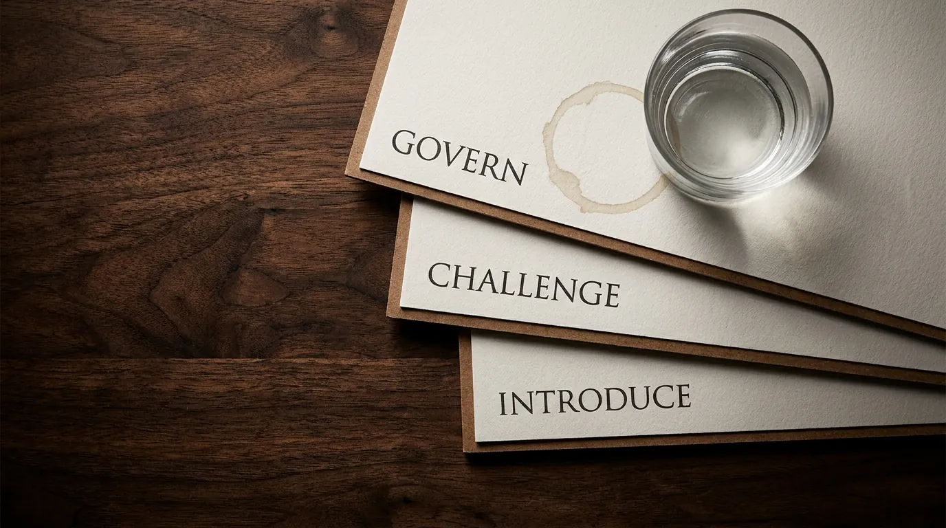 Three stacked board memos labelled Govern, Challenge and Introduce on a dark walnut desk, glass-stain ring on the top corner.