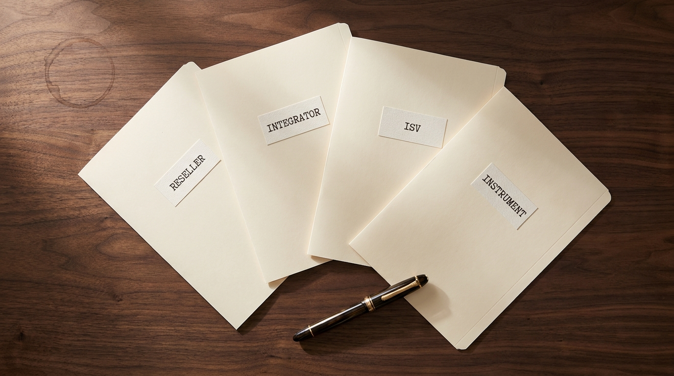 Four cream-coloured cards laid on a dark walnut desk, each labelled with a partner archetype: Reseller, Integrator, ISV, Instrument.