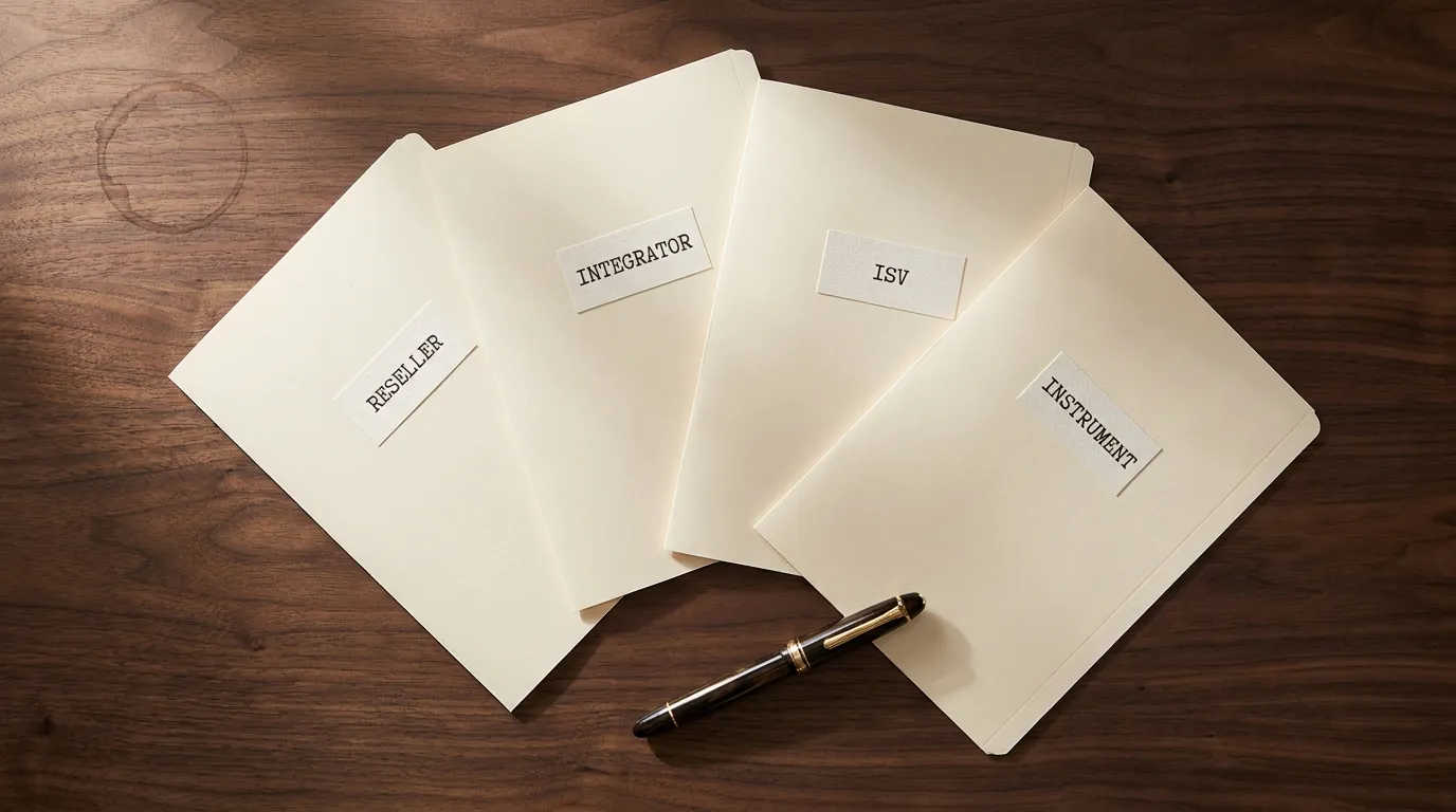 Four cream-coloured cards laid on a dark walnut desk, each labelled with a partner archetype: Reseller, Integrator, ISV, Instrument.