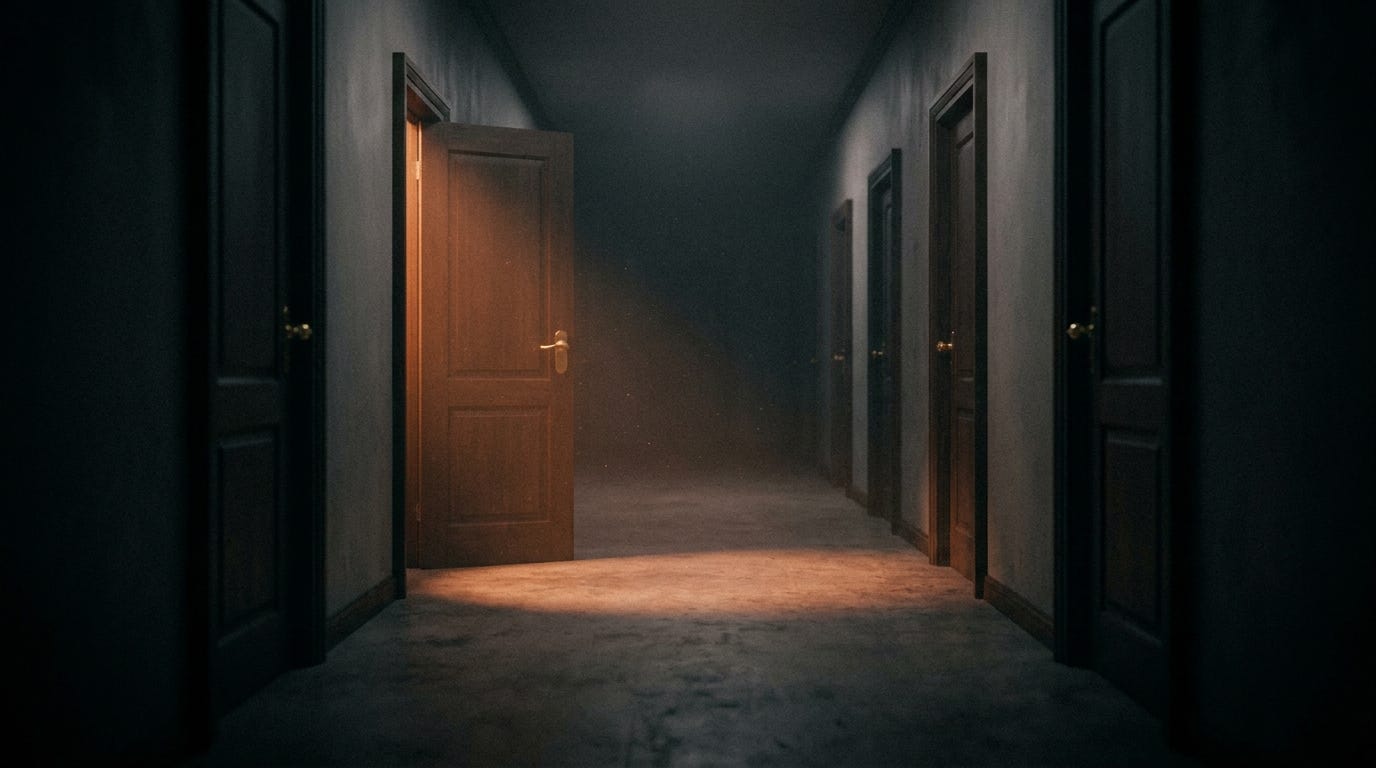 A dark corridor of closed doors, one of them open and lit.