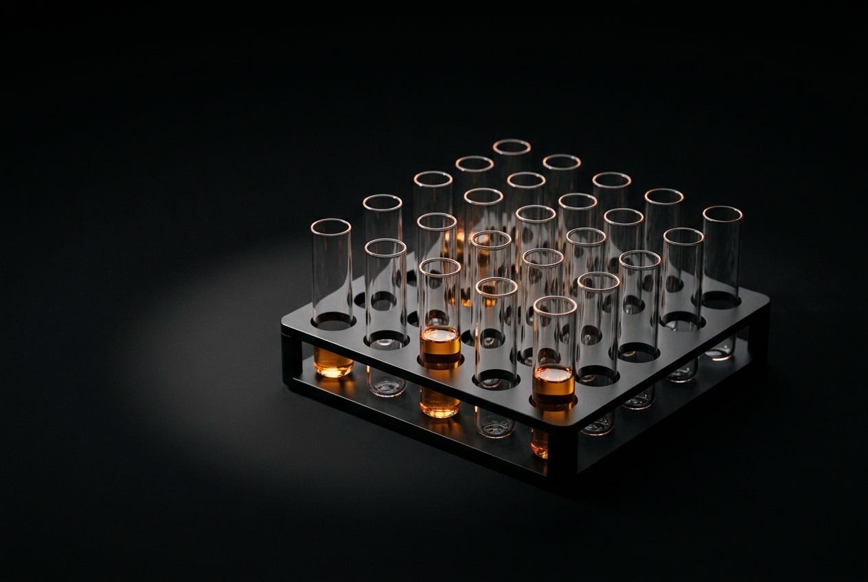 A rack of 25 sample tubes, five holding amber liquid